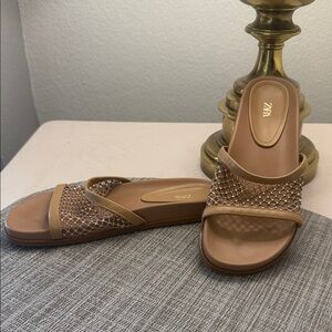 ZARA Tan Slide Sandals with Crystal Mesh Strap